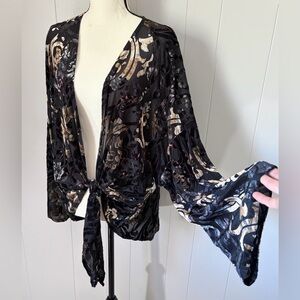 Easel Los Angeles Kimono Wrap Burn Out Velvet Black Copper Sheer Bell Sleeves OS